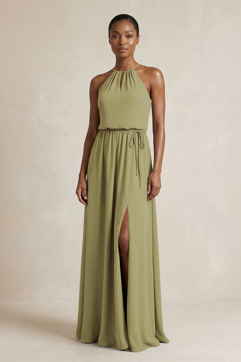 Halter Sheath Ruched Chiffon Bridesmaid Dress in Moss Green