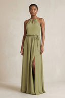Halter Sheath Ruched Chiffon Bridesmaid Dress in Moss Green | KISSBRIDAL