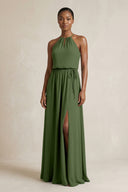 Halter Sheath Ruched Chiffon Bridesmaid Dress in Moss | KISSBRIDAL