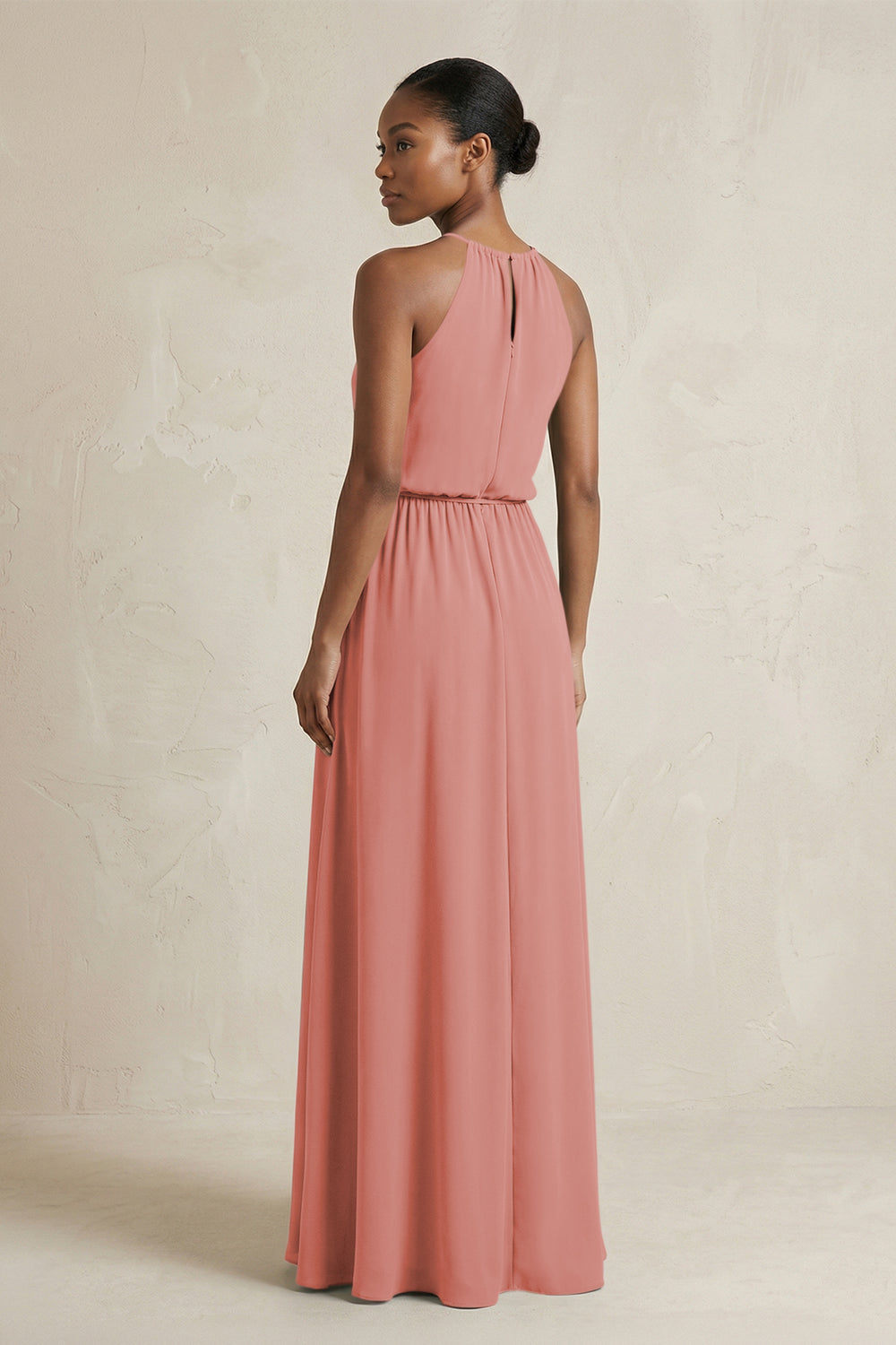 Halter Sheath Ruched Chiffon Bridesmaid Dress in Mulberry