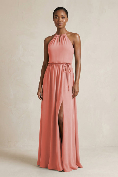 Halter Sheath Ruched Chiffon Bridesmaid Dress in Mulberry - SHE IS ME Bridesmaid Dresses