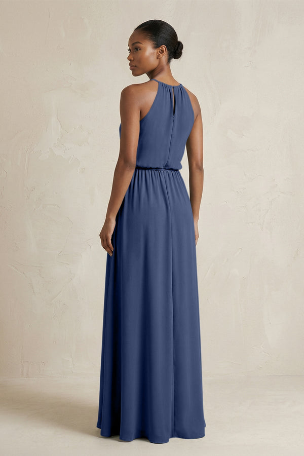 Halter Sheath Ruched Chiffon Bridesmaid Dress in Navy - SHE IS ME Bridesmaid Dresses