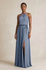 Halter Sheath Ruched Chiffon Bridesmaid Dress in Neptune - KISS BRIDAL Bridesmaid Dresses