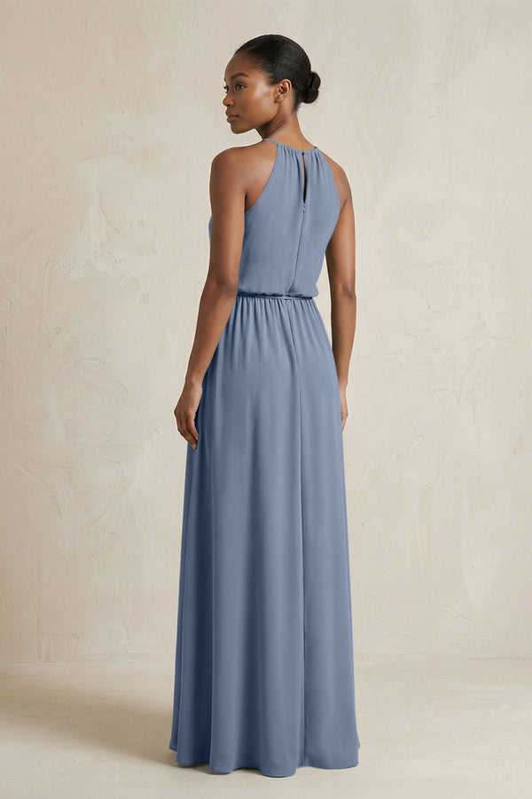 Halter Sheath Ruched Chiffon Bridesmaid Dress in Neptune - SHE IS ME Bridesmaid Dresses
