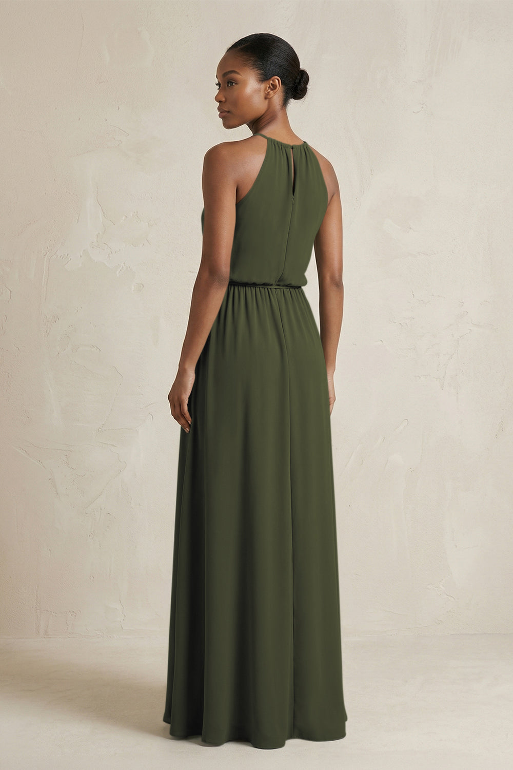 Halter Sheath Ruched Chiffon Bridesmaid Dress in Olive