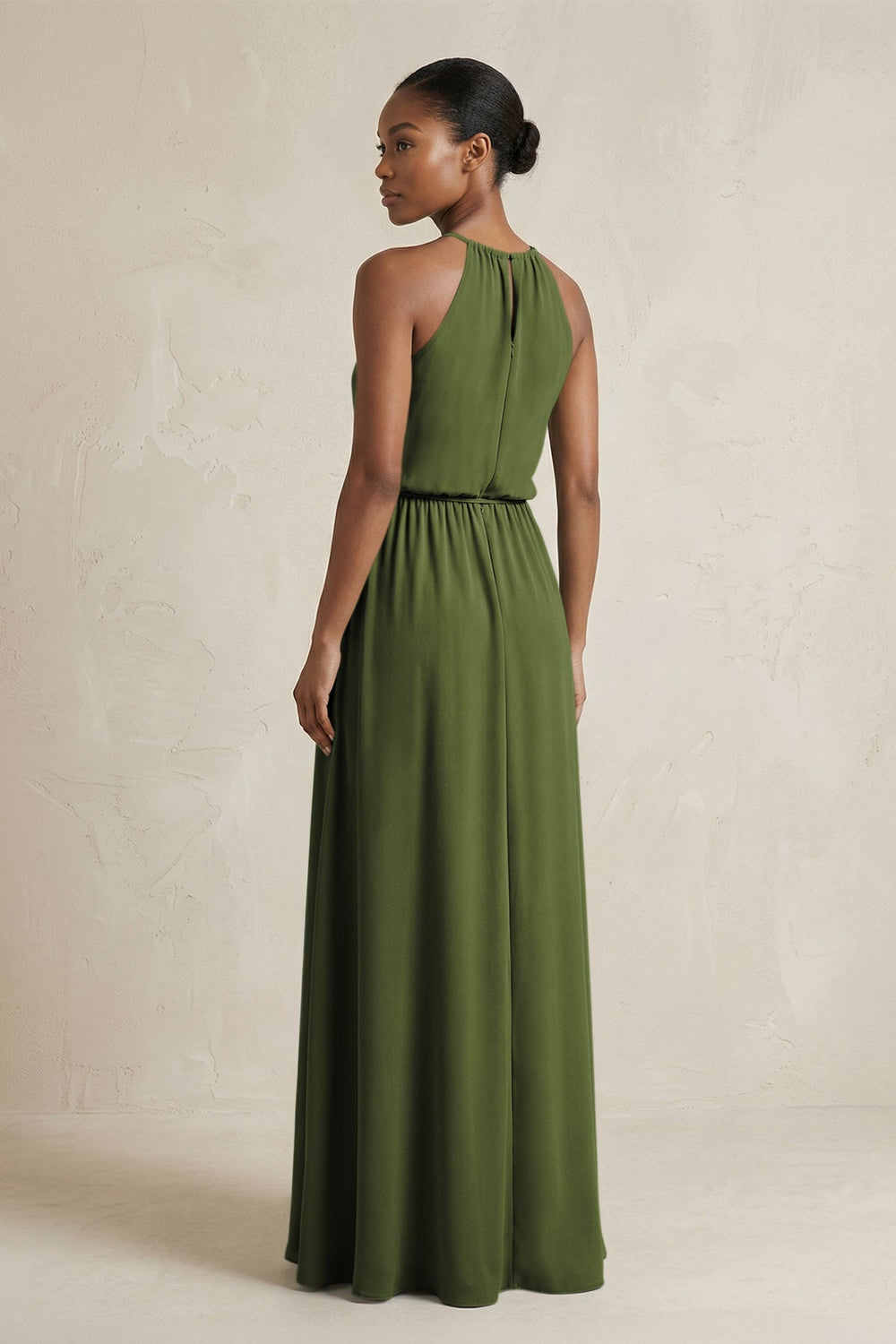 Halter Sheath Ruched Chiffon Bridesmaid Dress in Olive - KISS BRIDAL Bridesmaid Dresses