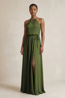 Halter Sheath Ruched Chiffon Bridesmaid Dress in Olive - SHE IS ME Bridesmaid Dresses