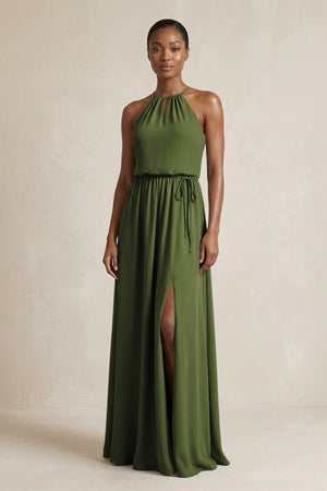 Halter Sheath Ruched Chiffon Bridesmaid Dress in Olive - SHE IS ME Bridesmaid Dresses