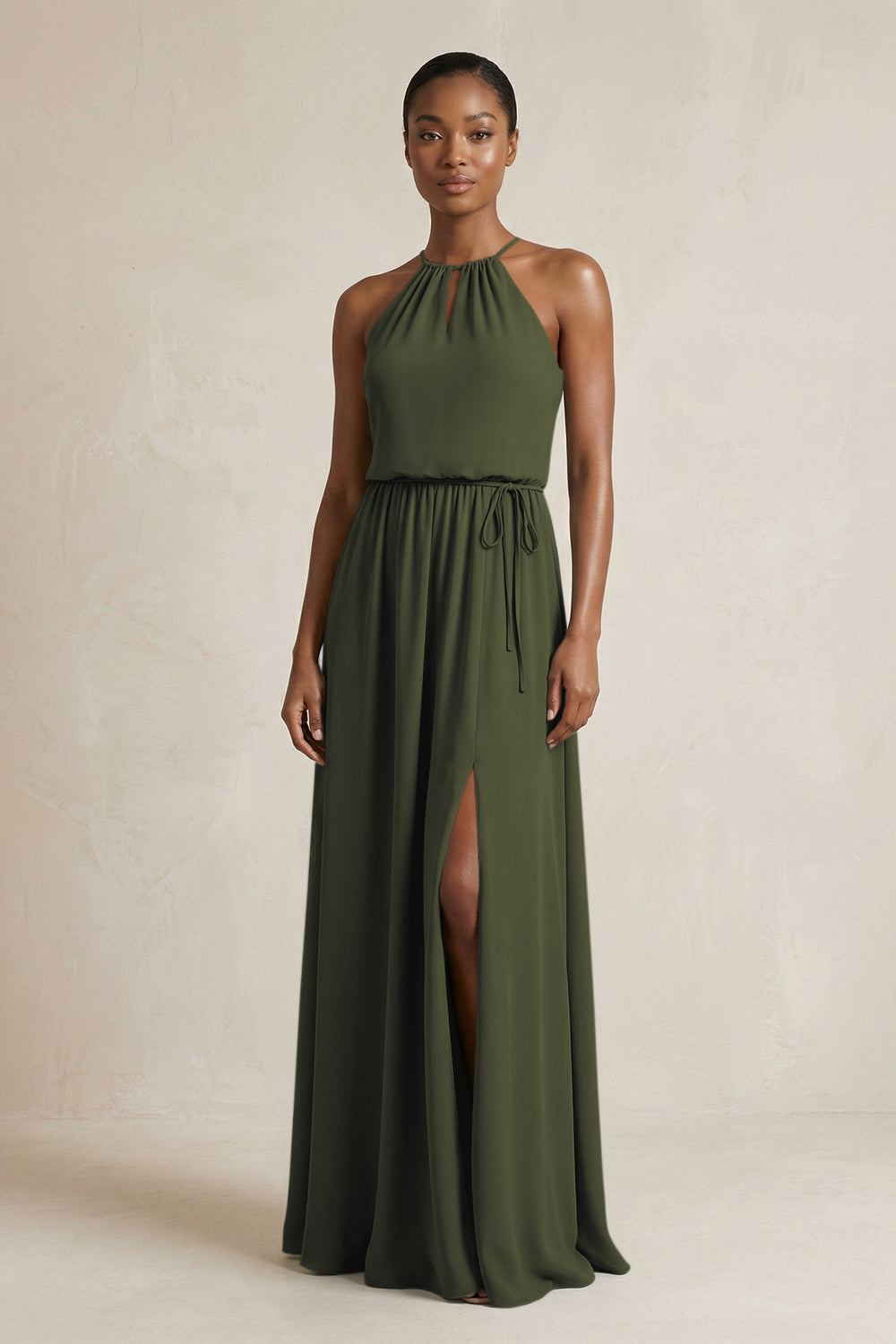 Halter Sheath Ruched Chiffon Bridesmaid Dress in Olive