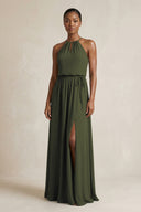 Halter Sheath Ruched Chiffon Bridesmaid Dress in Olive | KISSBRIDAL