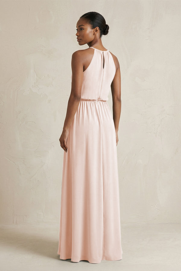 Halter Sheath Ruched Chiffon Bridesmaid Dress in Pale Blush - SHE IS ME Bridesmaid Dresses