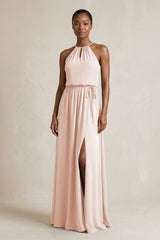 Halter Sheath Ruched Chiffon Bridesmaid Dress in Pale Blush - KISS BRIDAL Bridesmaid Dresses