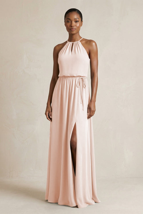 Halter Sheath Ruched Chiffon Bridesmaid Dress in Pale Blush - SHE IS ME Bridesmaid Dresses