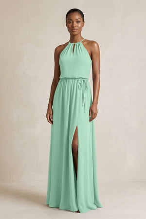 Halter Sheath Ruched Chiffon Bridesmaid Dress in Pale Pistachio - SHE IS ME Bridesmaid Dresses