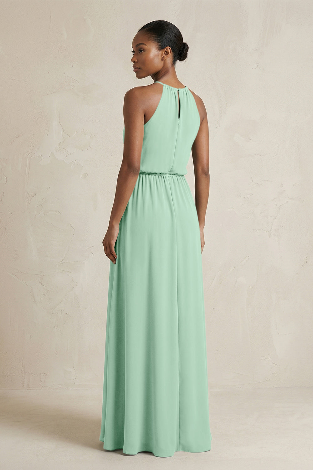 Halter Sheath Ruched Chiffon Bridesmaid Dress in Pale Pistachio
