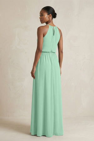 Halter Sheath Ruched Chiffon Bridesmaid Dress in Pale Pistachio - SHE IS ME Bridesmaid Dresses