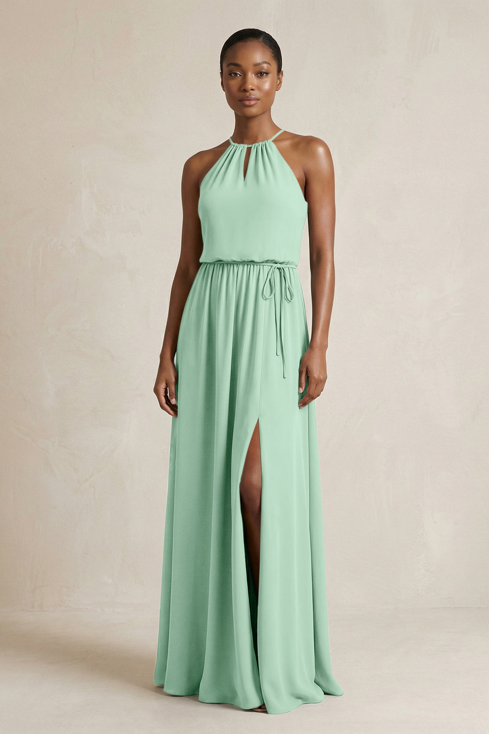 Halter Sheath Ruched Chiffon Bridesmaid Dress in Pale Pistachio