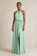 Halter Sheath Ruched Chiffon Bridesmaid Dress in Pale Pistachio | KISSBRIDAL
