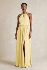 Halter Sheath Ruched Chiffon Bridesmaid Dress in Pastel Yellow - KISS BRIDAL Bridesmaid Dresses
