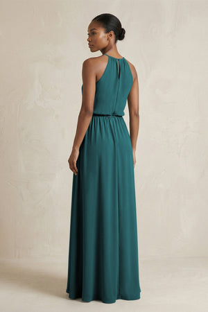 Halter Sheath Ruched Chiffon Bridesmaid Dress in Pine - SHE IS ME Bridesmaid Dresses