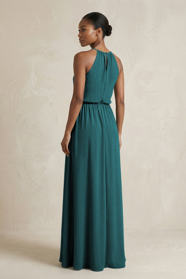 Halter Sheath Ruched Chiffon Bridesmaid Dress in Pine - SHE IS ME Bridesmaid Dresses