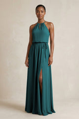 Halter Sheath Ruched Chiffon Bridesmaid Dress in Pine - KISS BRIDAL Bridesmaid Dresses