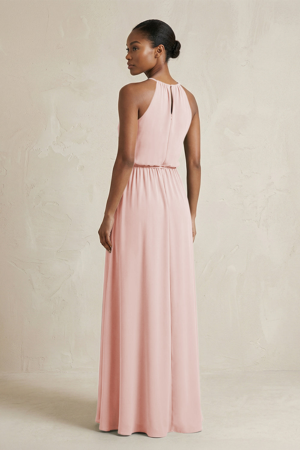 Halter Sheath Ruched Chiffon Bridesmaid Dress in Rose Petal