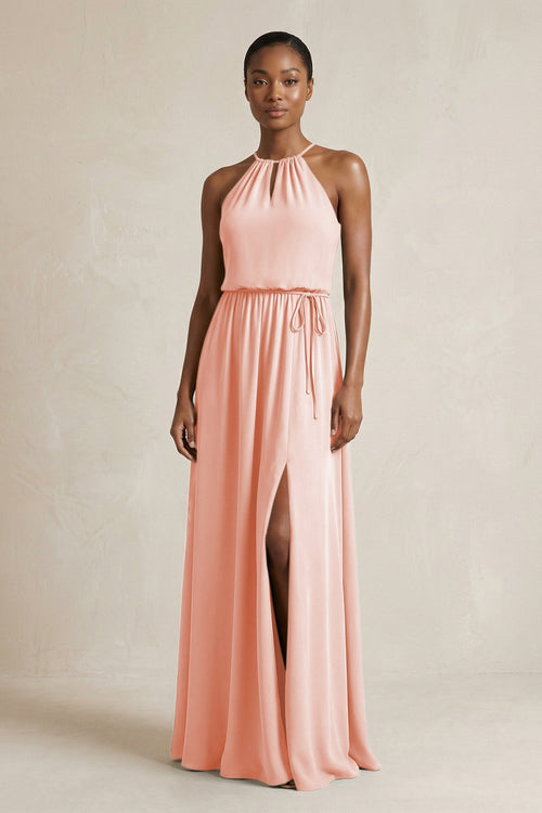 Halter Sheath Ruched Chiffon Bridesmaid Dress in Rose Petal - SHE IS ME Bridesmaid Dresses