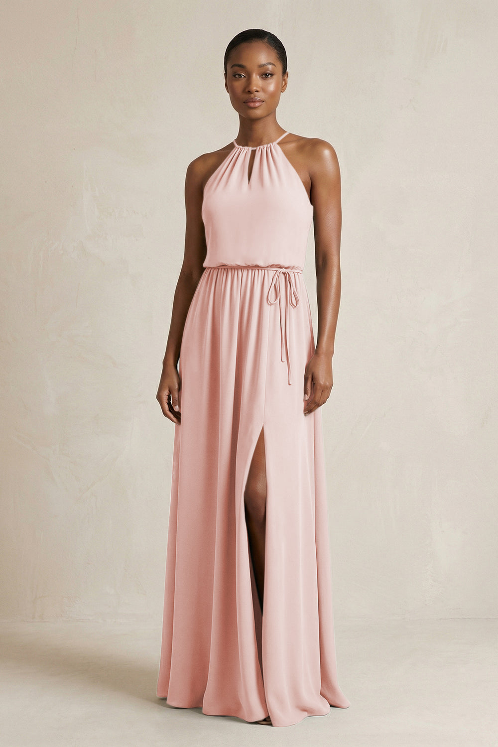 Halter Sheath Ruched Chiffon Bridesmaid Dress in Rose Petal