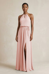 Halter Sheath Ruched Chiffon Bridesmaid Dress in Rose Petal | KISSBRIDAL