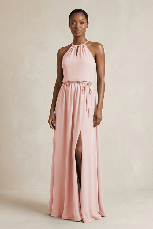 Halter Sheath Ruched Chiffon Bridesmaid Dress in Rose Petal | KISSBRIDAL