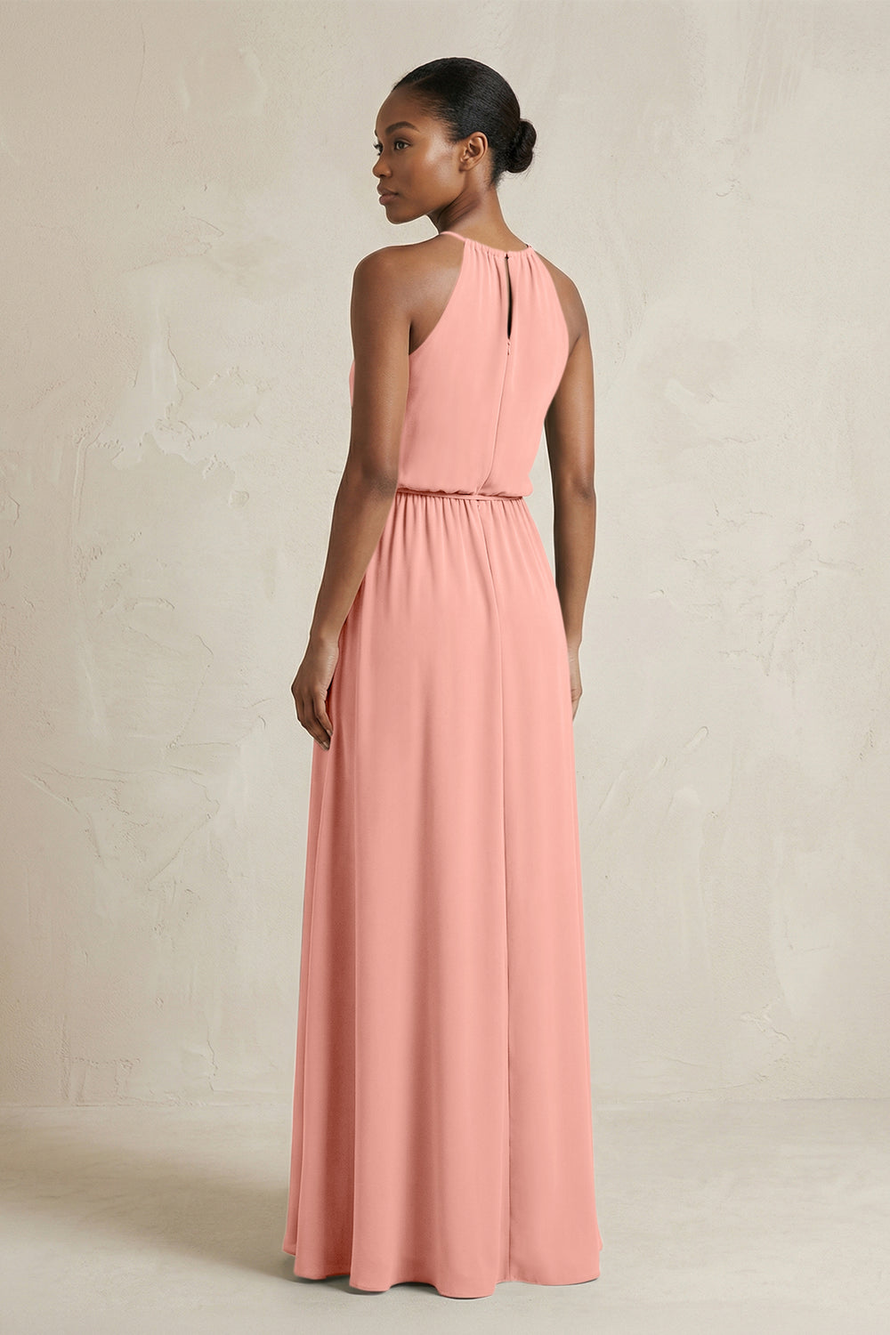 Halter Sheath Ruched Chiffon Bridesmaid Dress in Rosette