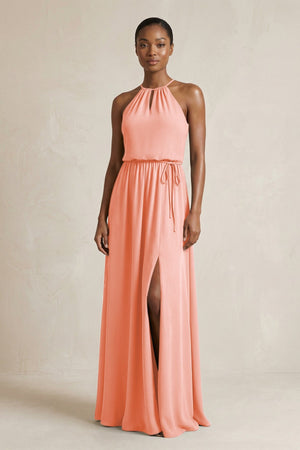 Halter Sheath Ruched Chiffon Bridesmaid Dress in Rosette - SHE IS ME Bridesmaid Dresses