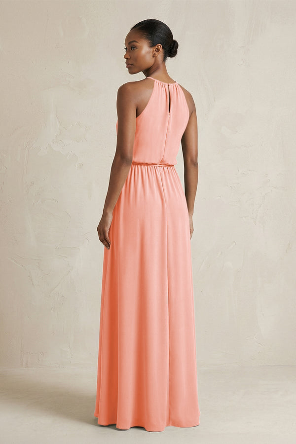 Halter Sheath Ruched Chiffon Bridesmaid Dress in Rosette - SHE IS ME Bridesmaid Dresses