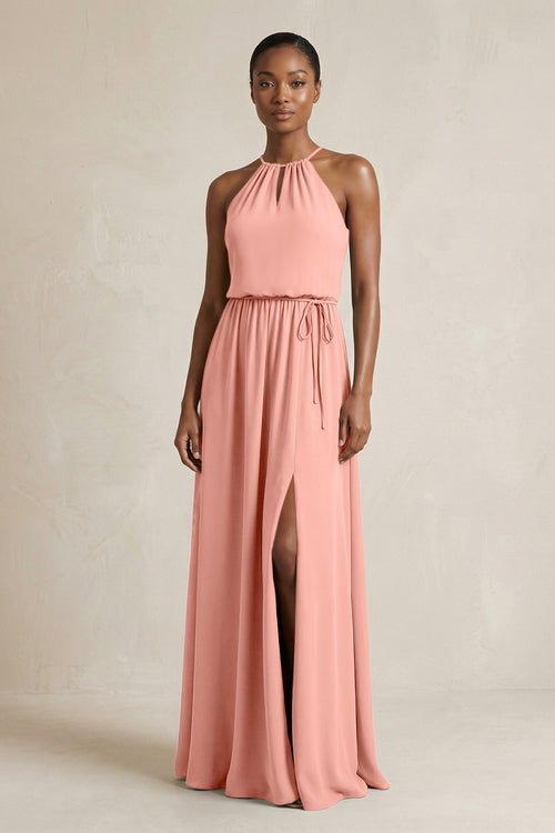 Halter Sheath Ruched Chiffon Bridesmaid Dress in Rosette | KISSBRIDAL