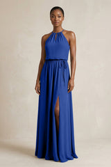 Halter Sheath Ruched Chiffon Bridesmaid Dress in Royal Blue - KISS BRIDAL Bridesmaid Dresses
