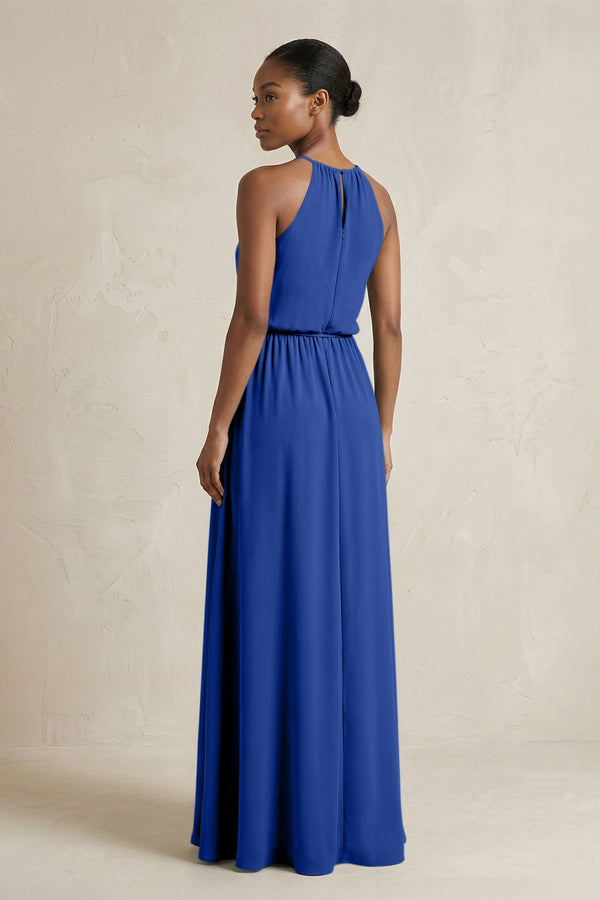 Halter Sheath Ruched Chiffon Bridesmaid Dress in Royal Blue - SHE IS ME Bridesmaid Dresses