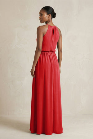 Halter Sheath Ruched Chiffon Bridesmaid Dress in Ruby Red - SHE IS ME Bridesmaid Dresses