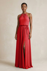Halter Sheath Ruched Chiffon Bridesmaid Dress in Ruby Red - KISS BRIDAL Bridesmaid Dresses