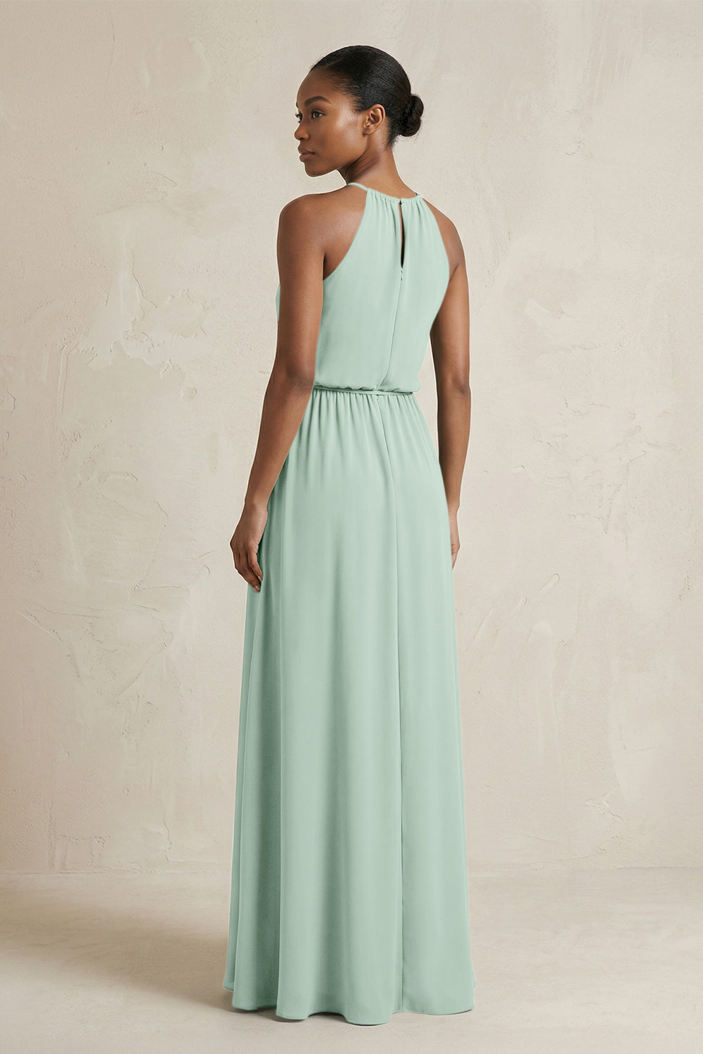 Halter Sheath Ruched Chiffon Bridesmaid Dress in Sage