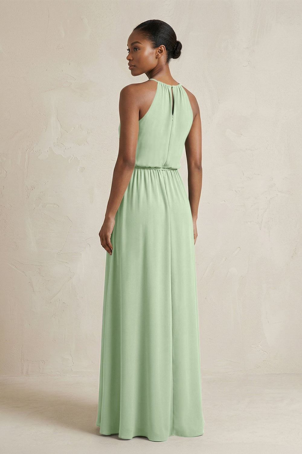 Halter Sheath Ruched Chiffon Bridesmaid Dress in Sage - KISS BRIDAL Bridesmaid Dresses
