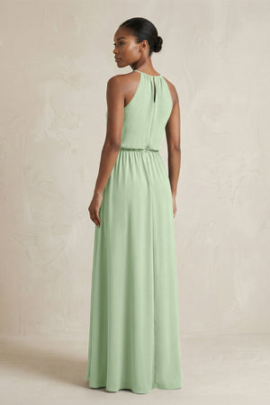 Halter Sheath Ruched Chiffon Bridesmaid Dress in Sage - SHE IS ME Bridesmaid Dresses