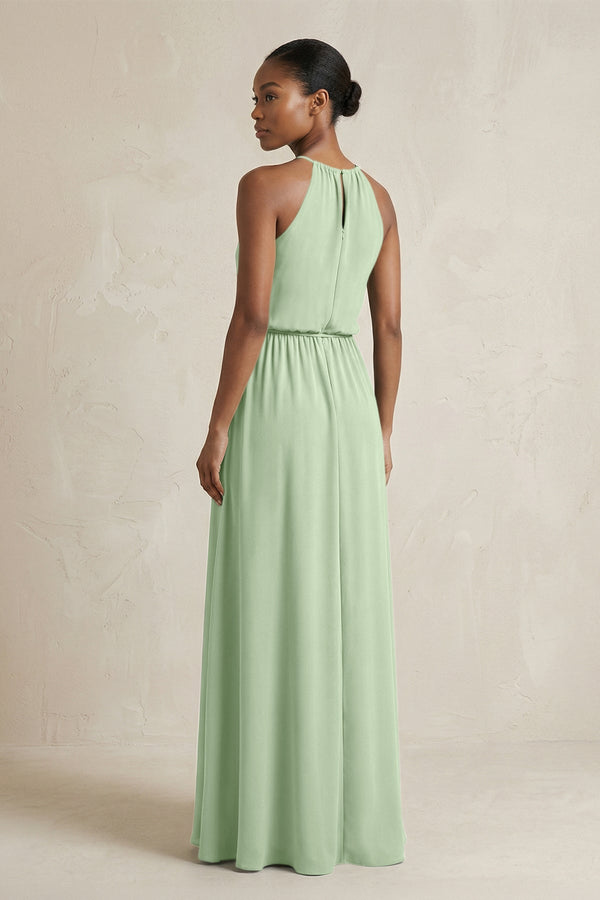 Halter Sheath Ruched Chiffon Bridesmaid Dress in Sage - SHE IS ME Bridesmaid Dresses