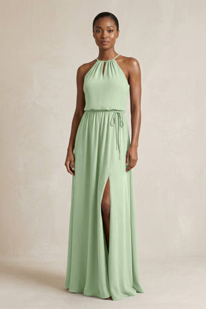 Halter Sheath Ruched Chiffon Bridesmaid Dress in Sage - SHE IS ME Bridesmaid Dresses