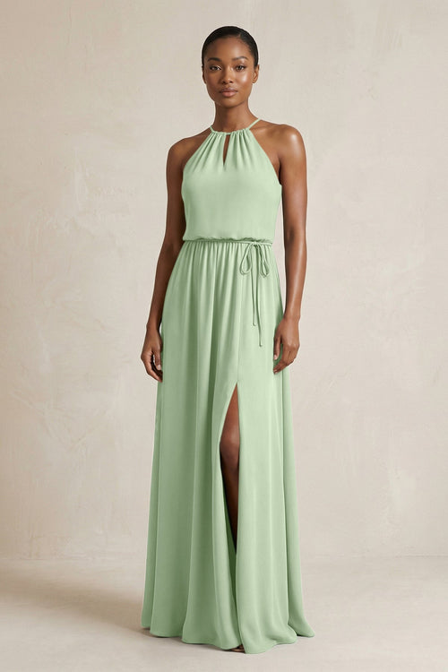 Halter Sheath Ruched Chiffon Bridesmaid Dress in Sage - SHE IS ME Bridesmaid Dresses