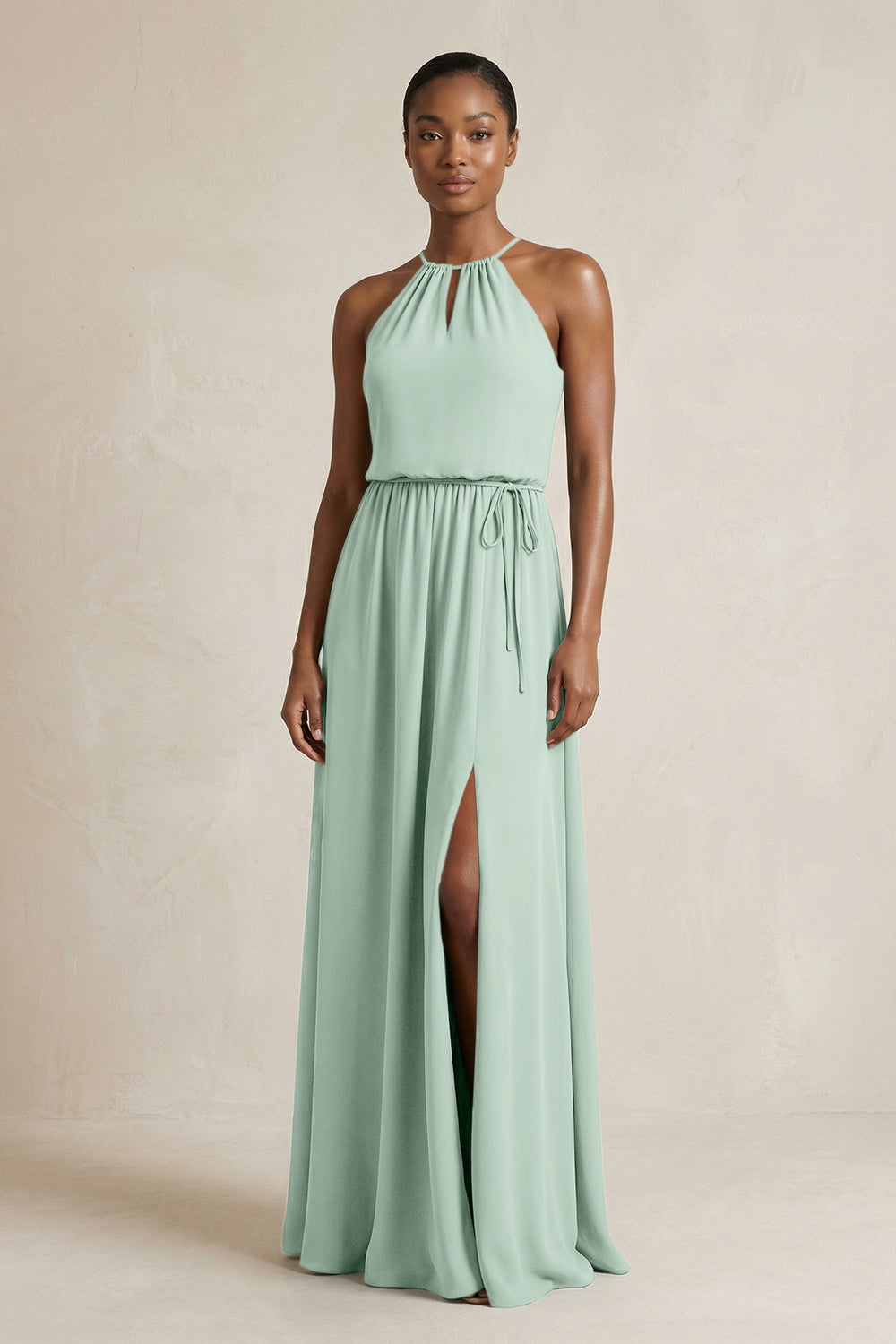 Halter Sheath Ruched Chiffon Bridesmaid Dress in Sage