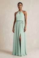 Halter Sheath Ruched Chiffon Bridesmaid Dress in Sage | KISSBRIDAL