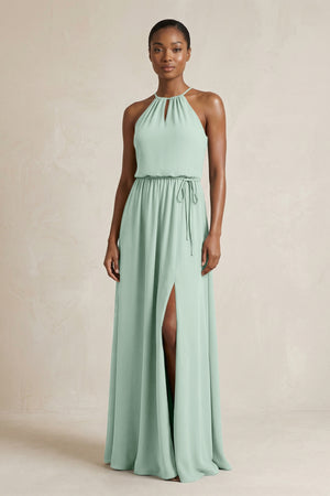 Halter Sheath Ruched Chiffon Bridesmaid Dress in Sage | KISSBRIDAL