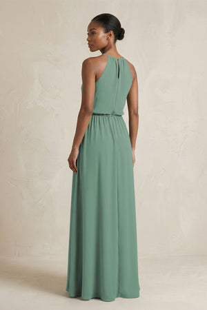 Halter Sheath Ruched Chiffon Bridesmaid Dress in Sea Glass (2) | KISSBRIDAL