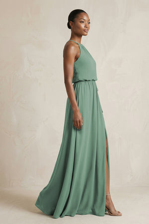 Halter Sheath Ruched Chiffon Bridesmaid Dress in Sea Glass (3) | KISSBRIDAL